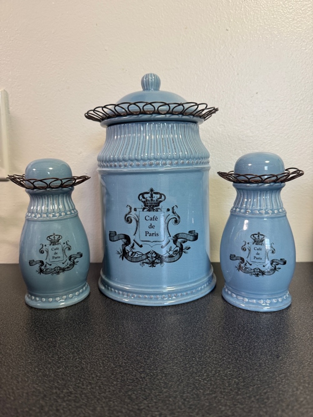 Department 56 Blue Ceramic Canister and Salt and Pepper Shakers